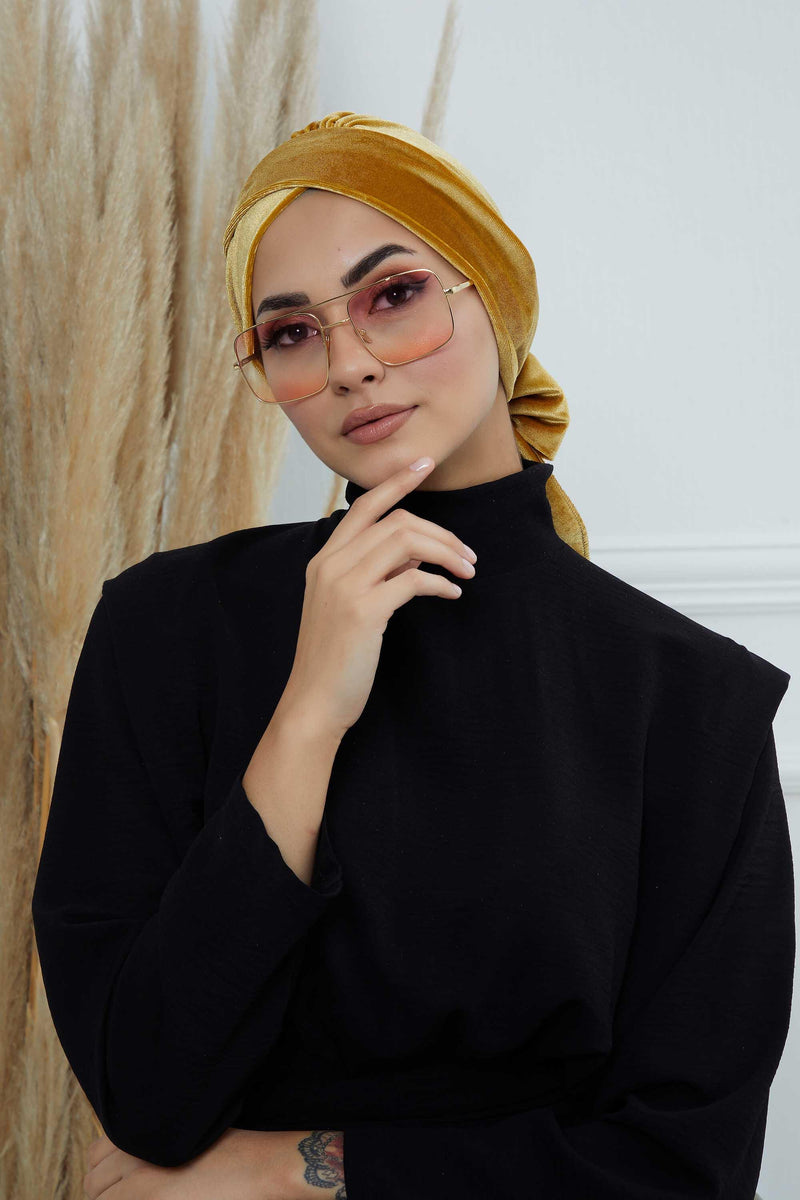 Velvet Instant Turban Cap with Long Tails at the Back Side, Lightweight Turban Head Cover for Women, Velvet Chemo Headwear Bonnet Cap,B-31K Mustard Yellow