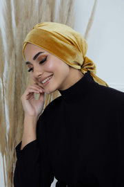 Velvet Instant Turban Cap with Long Tails at the Back Side, Lightweight Turban Head Cover for Women, Velvet Chemo Headwear Bonnet Cap,B-31K Mustard Yellow