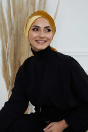 Velvet Instant Turban Cap with Long Tails at the Back Side, Lightweight Turban Head Cover for Women, Velvet Chemo Headwear Bonnet Cap,B-31K Mustard Yellow