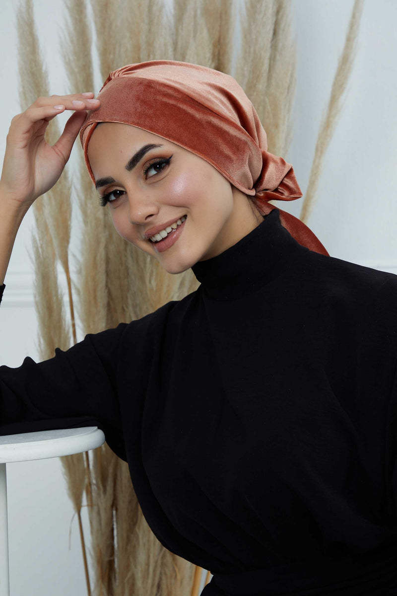 Velvet Instant Turban Cap with Long Tails at the Back Side, Lightweight Turban Head Cover for Women, Velvet Chemo Headwear Bonnet Cap,B-31K Salmon