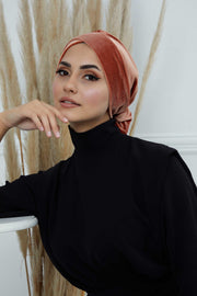 Velvet Instant Turban Cap with Long Tails at the Back Side, Lightweight Turban Head Cover for Women, Velvet Chemo Headwear Bonnet Cap,B-31K Salmon