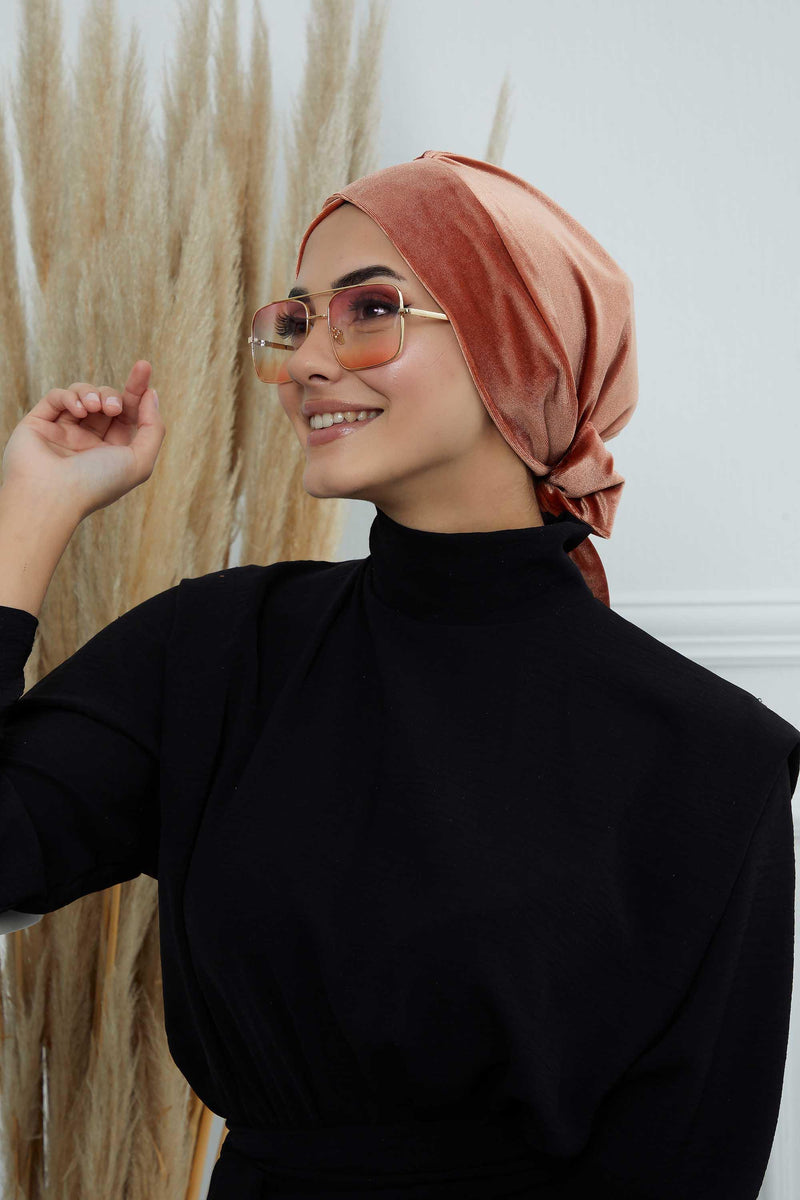 Velvet Instant Turban Cap with Long Tails at the Back Side, Lightweight Turban Head Cover for Women, Velvet Chemo Headwear Bonnet Cap,B-31K Salmon