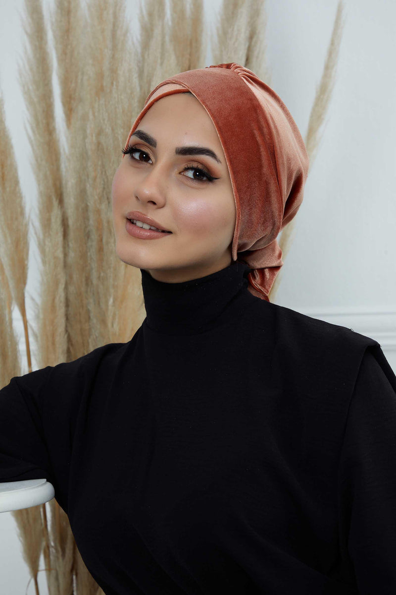 Velvet Instant Turban Cap with Long Tails at the Back Side, Lightweight Turban Head Cover for Women, Velvet Chemo Headwear Bonnet Cap,B-31K Salmon