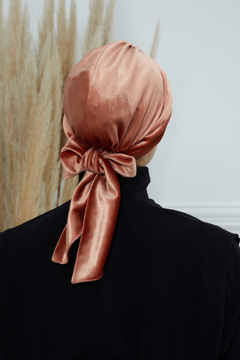 Velvet Instant Turban Cap with Long Tails at the Back Side, Lightweight Turban Head Cover for Women, Velvet Chemo Headwear Bonnet Cap,B-31K Salmon