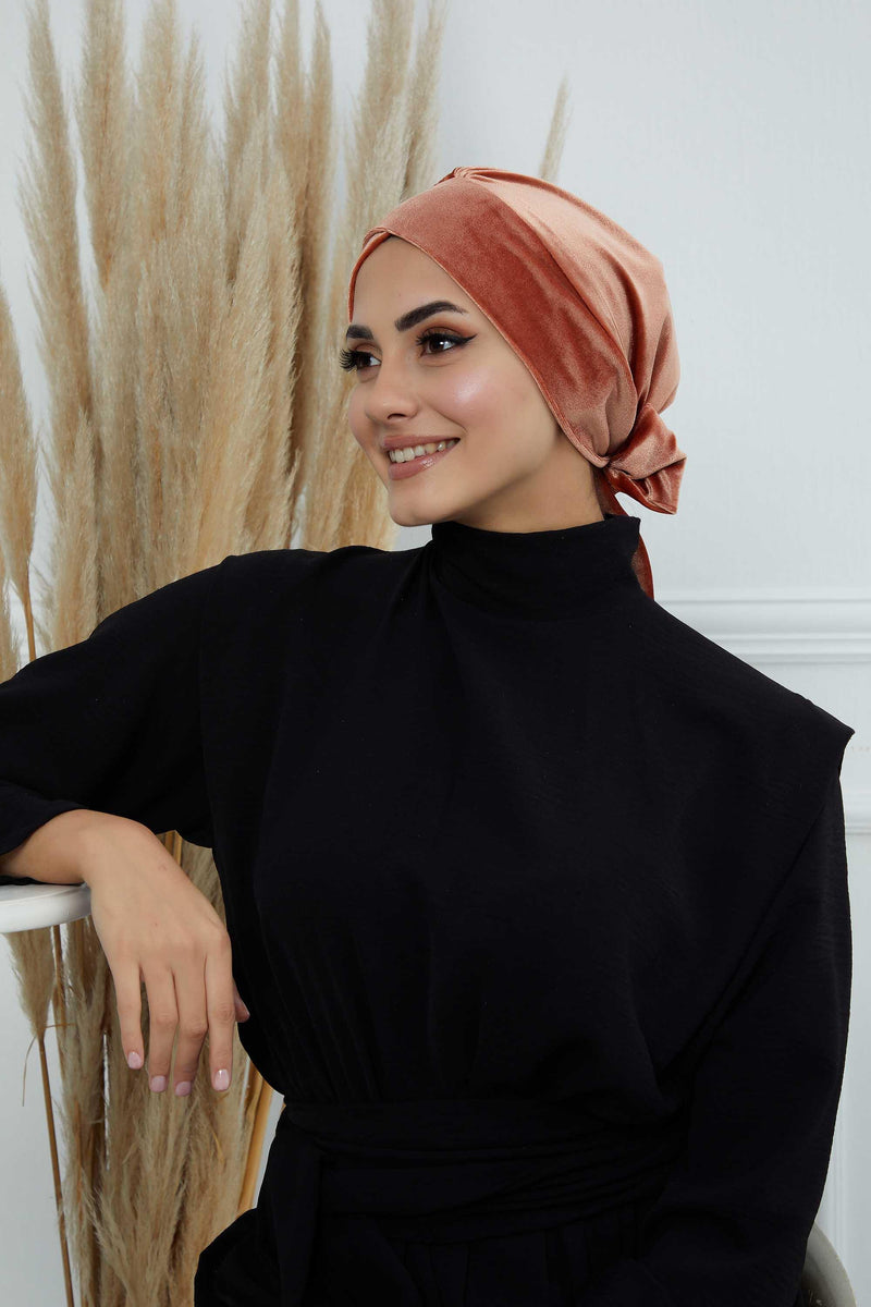 Velvet Instant Turban Cap with Long Tails at the Back Side, Lightweight Turban Head Cover for Women, Velvet Chemo Headwear Bonnet Cap,B-31K Salmon