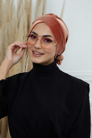 Velvet Instant Turban Cap with Long Tails at the Back Side, Lightweight Turban Head Cover for Women, Velvet Chemo Headwear Bonnet Cap,B-31K Salmon