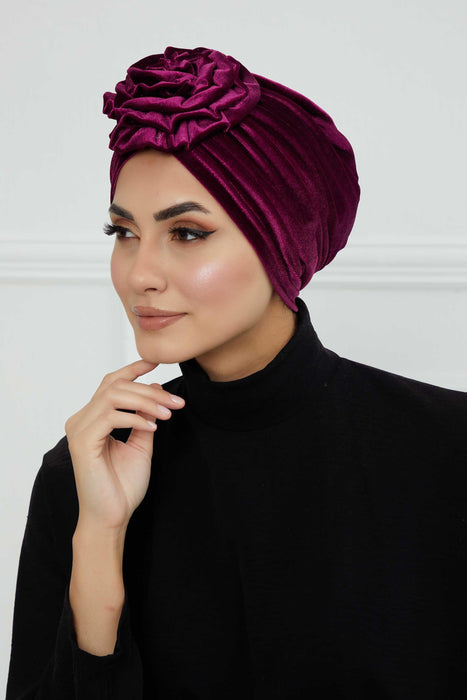 Velvet Instant Turban with a Gorgeous Rose Accent, Handmade Soft Touch Hijab Turban For Women, Stylish Chemo Headwear Bonnet Cap,B-21KD