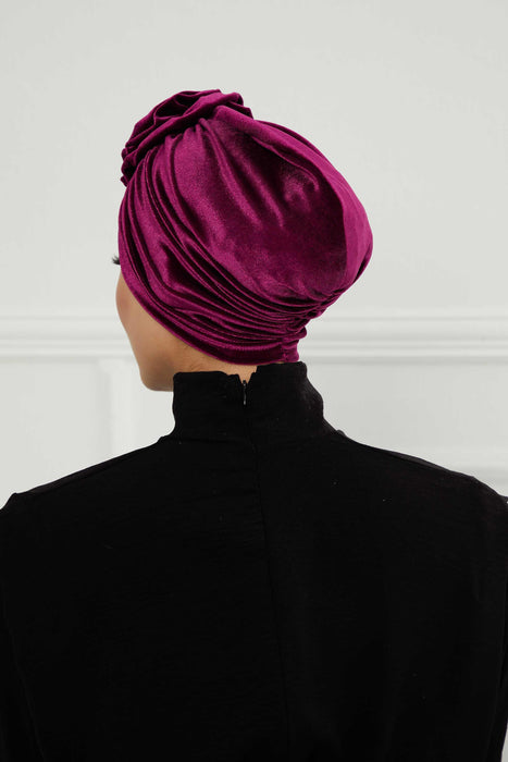 Velvet Instant Turban with a Gorgeous Rose Accent, Handmade Soft Touch Hijab Turban For Women, Stylish Chemo Headwear Bonnet Cap,B-21KD