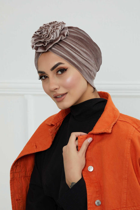 Velvet Instant Turban with a Gorgeous Rose Accent, Handmade Soft Touch Hijab Turban For Women, Stylish Chemo Headwear Bonnet Cap,B-21KD Mink