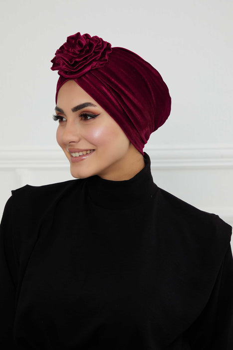 Velvet Instant Turban with a Gorgeous Rose Accent, Handmade Soft Touch Hijab Turban For Women, Stylish Chemo Headwear Bonnet Cap,B-21KD