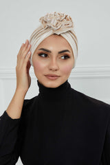 Velvet Instant Turban with a Gorgeous Rose Accent, Handmade Soft Touch Hijab Turban For Women, Stylish Chemo Headwear Bonnet Cap,B-21KD Beige
