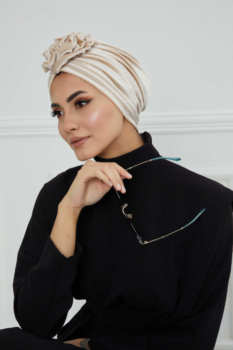Velvet Instant Turban with a Gorgeous Rose Accent, Handmade Soft Touch Hijab Turban For Women, Stylish Chemo Headwear Bonnet Cap,B-21KD Beige
