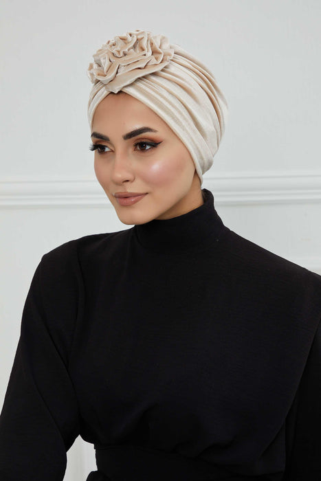 Velvet Instant Turban with a Gorgeous Rose Accent, Handmade Soft Touch Hijab Turban For Women, Stylish Chemo Headwear Bonnet Cap,B-21KD Beige