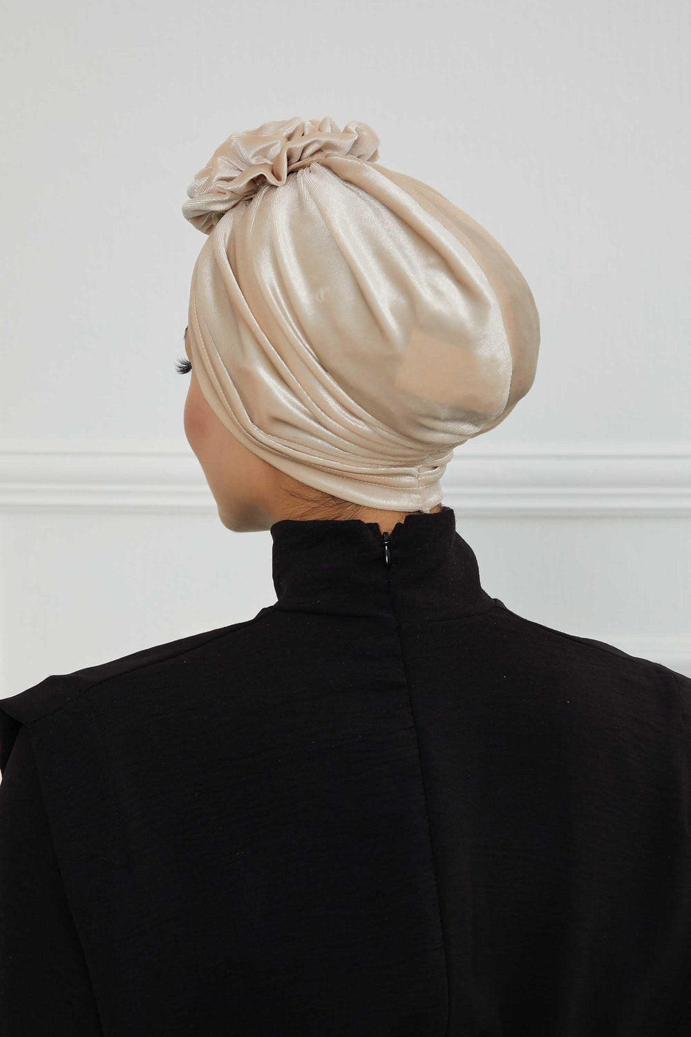 Velvet Instant Turban with a Gorgeous Rose Accent, Handmade Soft Touch Hijab Turban For Women, Stylish Chemo Headwear Bonnet Cap,B-21KD Beige