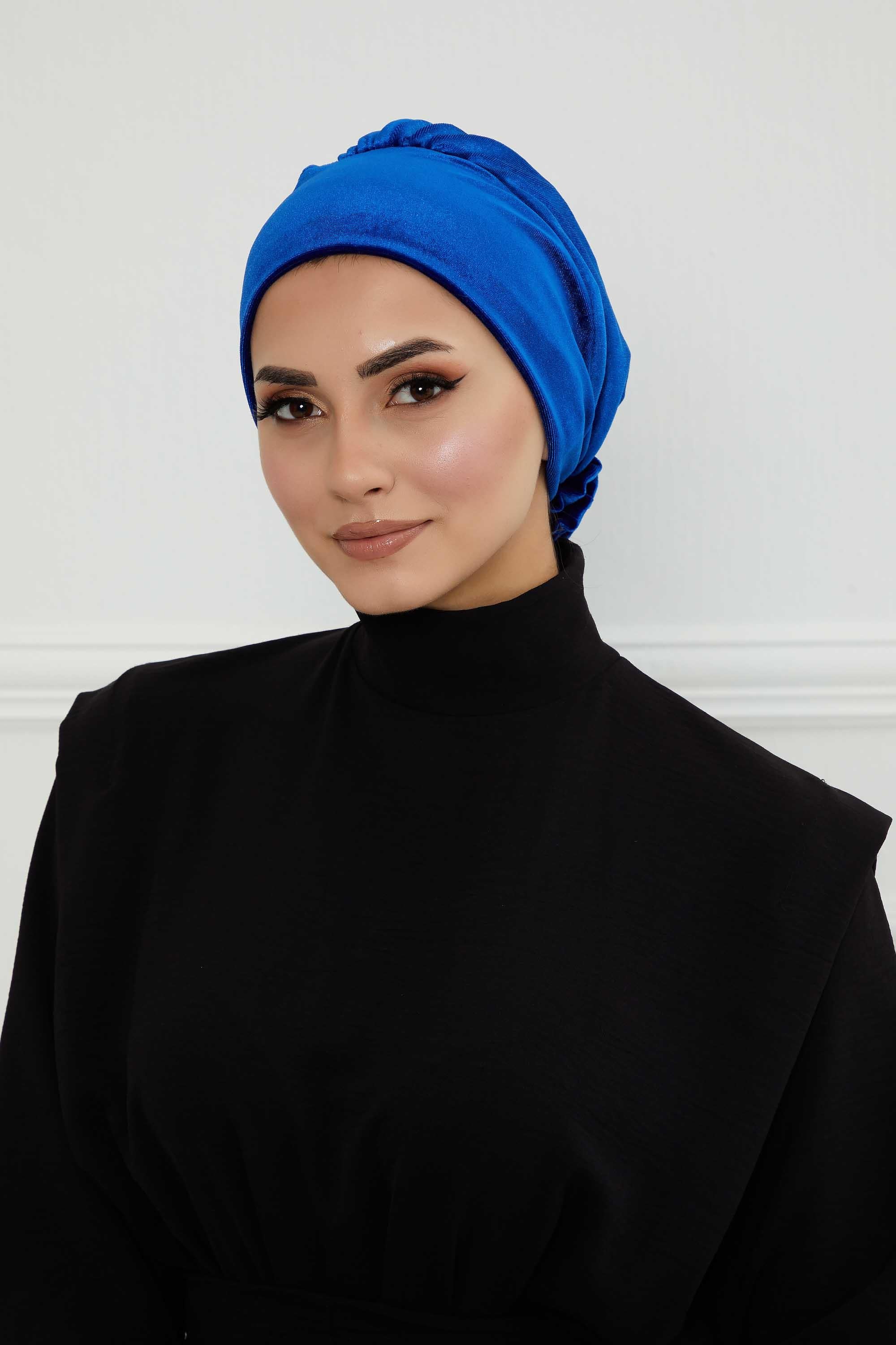Velvet Pre-Tied Turban Bonnet Cap with Rose Figure at the Back Side, Velvet Instant Turban Bonnet for Winter, Velvet Chemo Headwear,B-53K Sax Blue