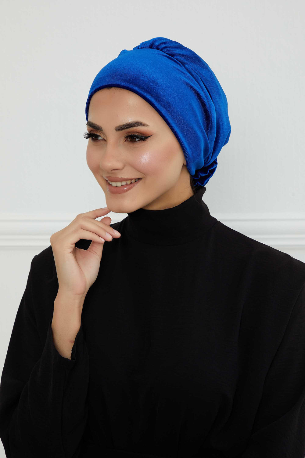 Velvet Pre-Tied Turban Bonnet Cap with Rose Figure at the Back Side, Velvet Instant Turban Bonnet for Winter, Velvet Chemo Headwear,B-53K Sax Blue