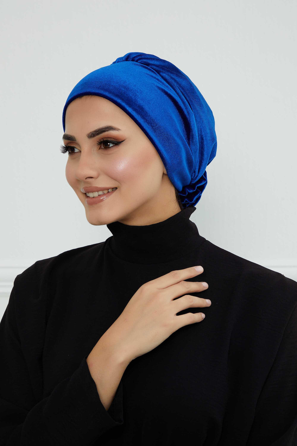 Velvet Pre-Tied Turban Bonnet Cap with Rose Figure at the Back Side, Velvet Instant Turban Bonnet for Winter, Velvet Chemo Headwear,B-53K Sax Blue