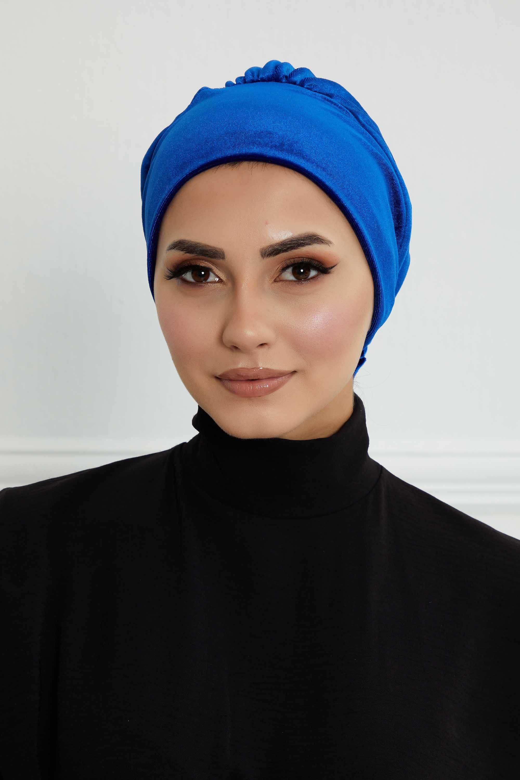 Velvet Pre-Tied Turban Bonnet Cap with Rose Figure at the Back Side, Velvet Instant Turban Bonnet for Winter, Velvet Chemo Headwear,B-53K Sax Blue