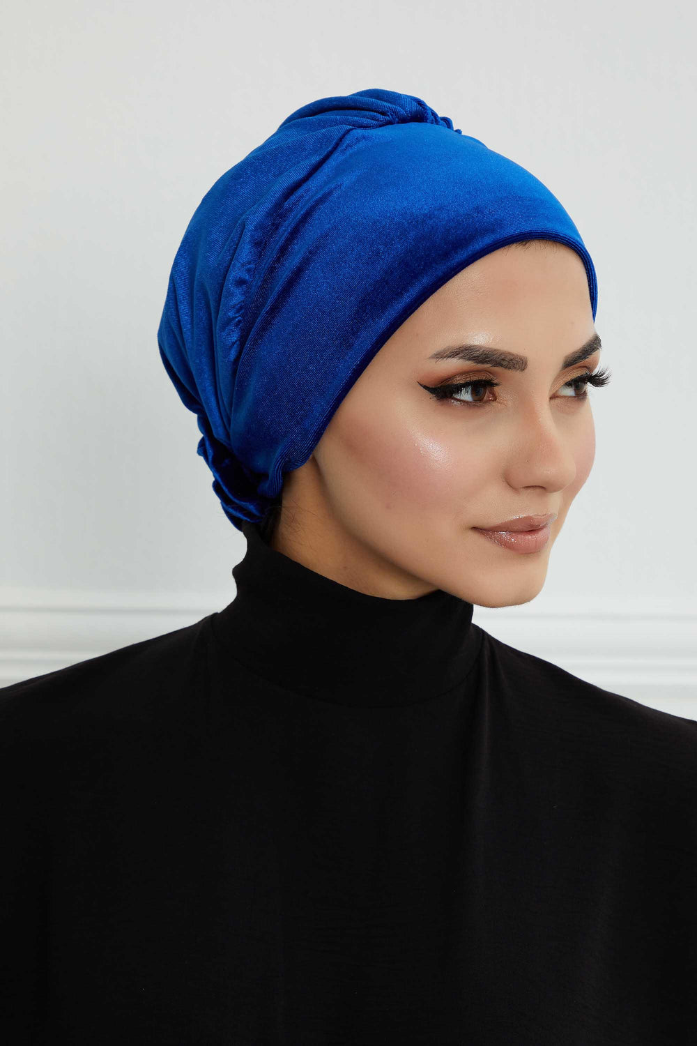 Velvet Pre-Tied Turban Bonnet Cap with Rose Figure at the Back Side, Velvet Instant Turban Bonnet for Winter, Velvet Chemo Headwear,B-53K Sax Blue