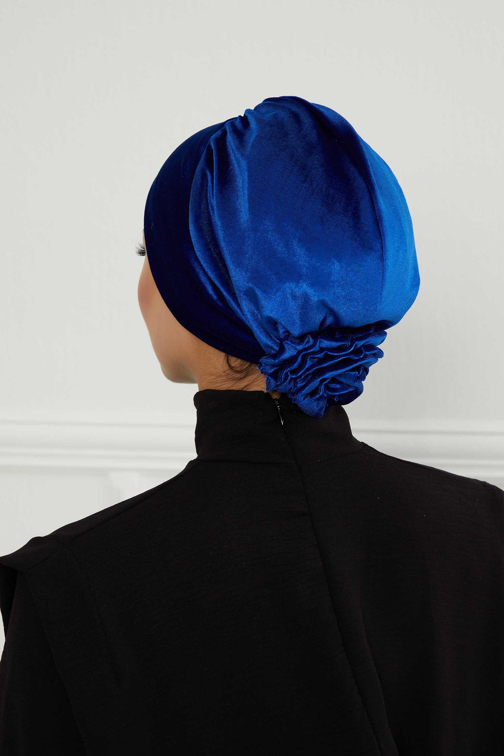 Velvet Pre-Tied Turban Bonnet Cap with Rose Figure at the Back Side, Velvet Instant Turban Bonnet for Winter, Velvet Chemo Headwear,B-53K Sax Blue