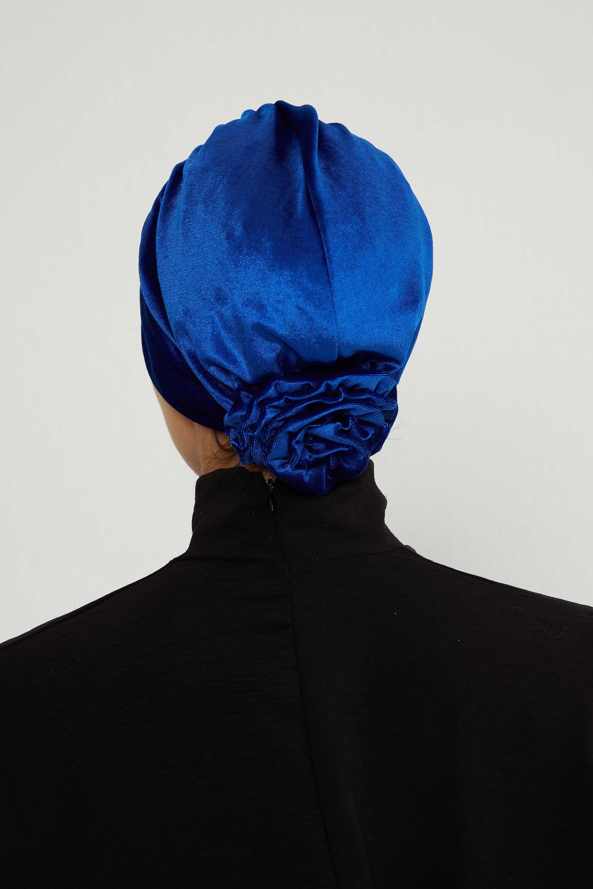 Velvet Pre-Tied Turban Bonnet Cap with Rose Figure at the Back Side, Velvet Instant Turban Bonnet for Winter, Velvet Chemo Headwear,B-53K Sax Blue