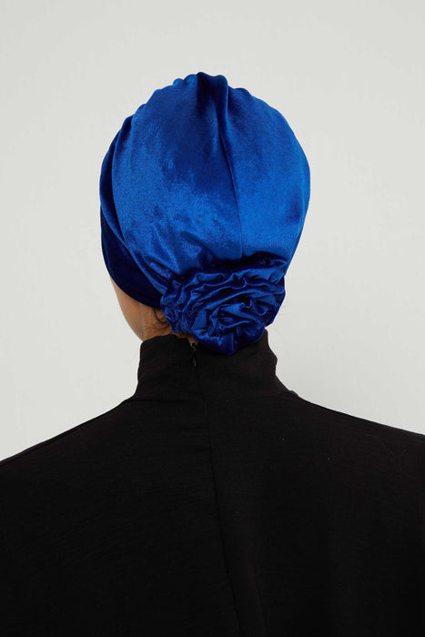 قبعة عمامة مخملية مرنة فورية مع تفاصيل وردة مصنوعة يدويًا على الجانب الخلفي، حجاب عمامة مخملي ناعم بلون سادة مربوط مسبقًا، B-53K