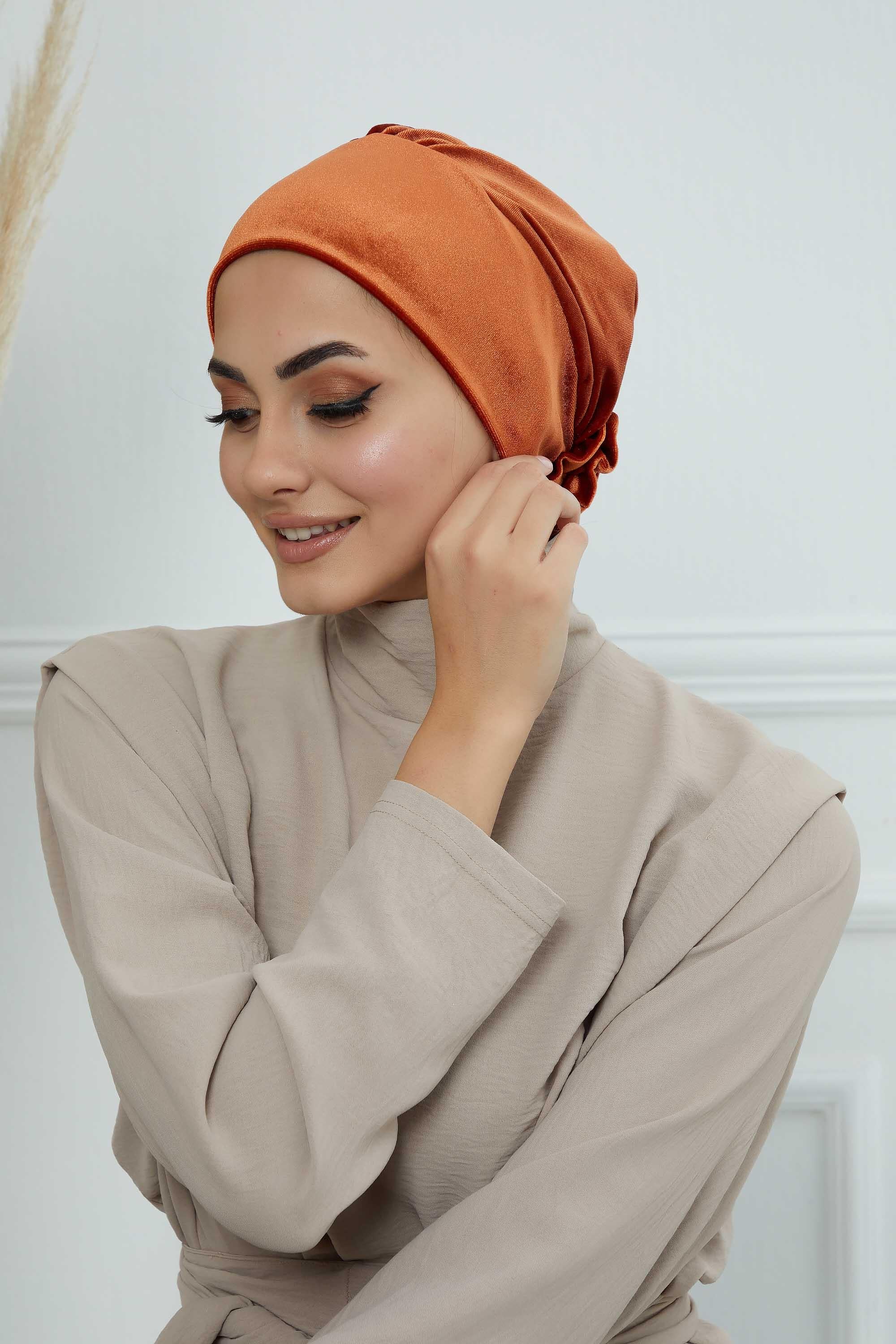 Velvet Pre-Tied Turban Bonnet Cap with Rose Figure at the Back Side, Velvet Instant Turban Bonnet for Winter, Velvet Chemo Headwear,B-53K Tile Red