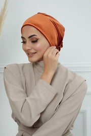 Velvet Elastic Instant Turban Bonnet Cap with Handmade Rose Detail at the Back Side, Soft Plain Color Velvet Pre-Tied Turban Hijab,B-53K Tile Red