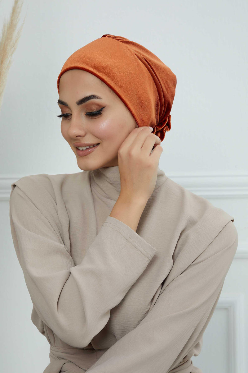 Velvet Elastic Instant Turban Bonnet Cap with Handmade Rose Detail at the Back Side, Soft Plain Color Velvet Pre-Tied Turban Hijab,B-53K Tile Red