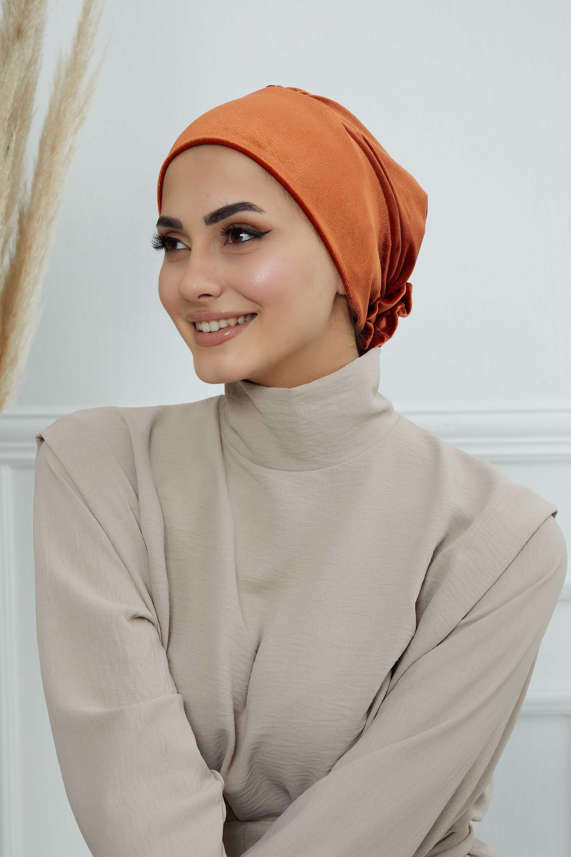 Velvet Pre-Tied Turban Bonnet Cap with Rose Figure at the Back Side, Velvet Instant Turban Bonnet for Winter, Velvet Chemo Headwear,B-53K Tile Red