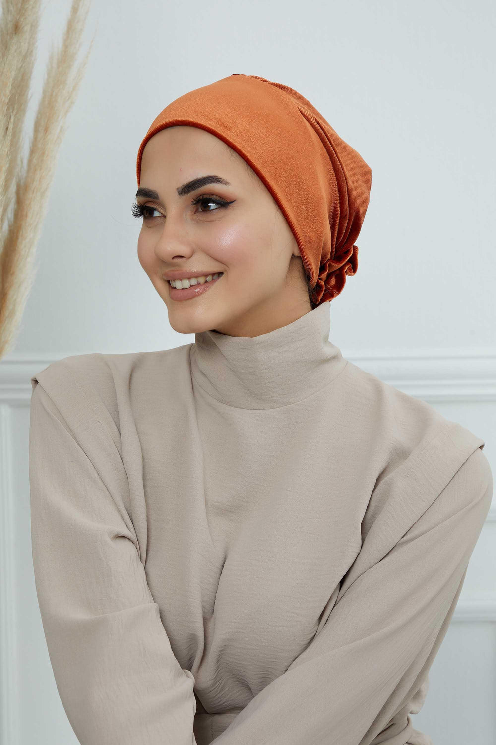Velvet Pre-Tied Turban Bonnet Cap with Rose Figure at the Back Side, Velvet Instant Turban Bonnet for Winter, Velvet Chemo Headwear,B-53K Tile Red