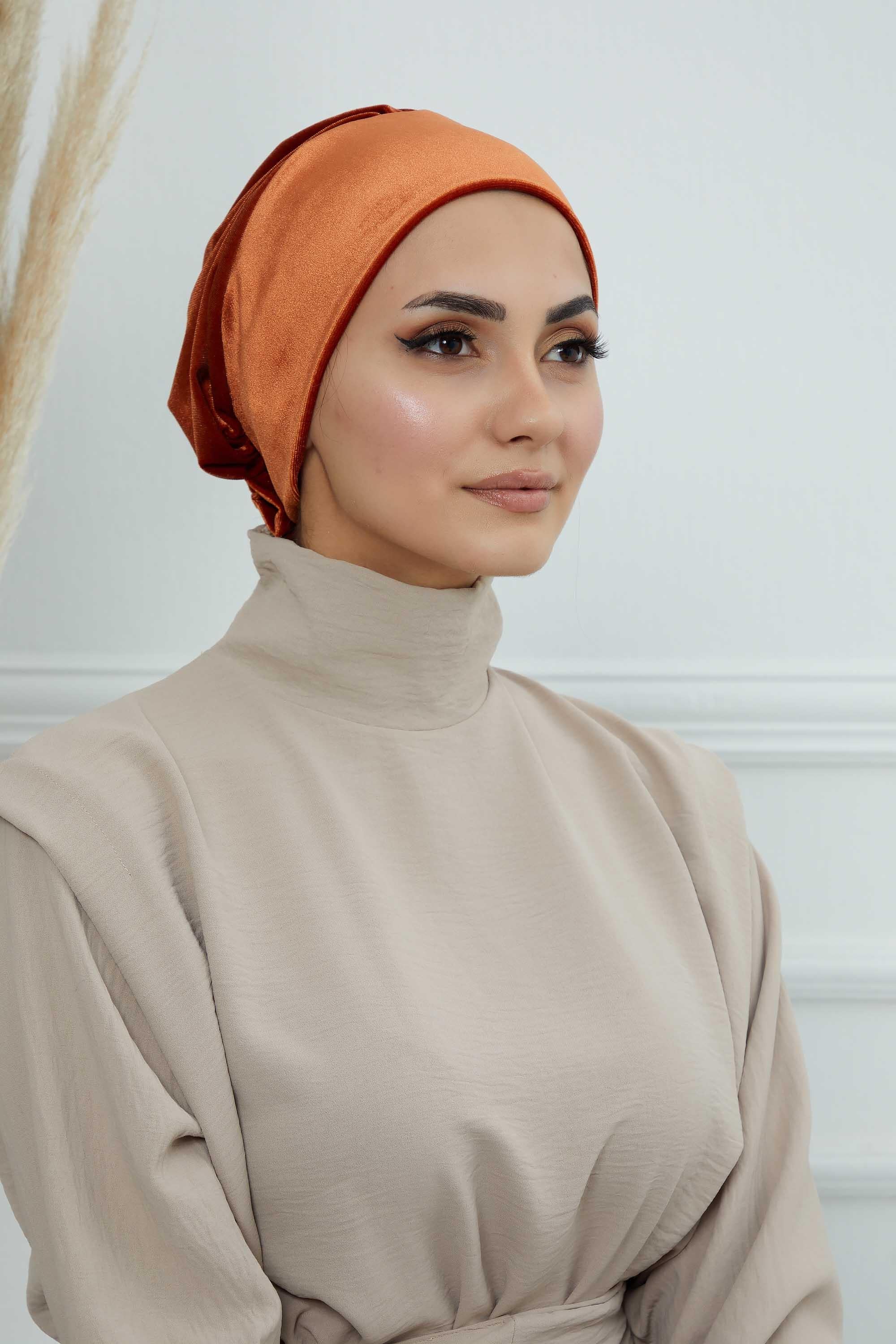 Velvet Pre-Tied Turban Bonnet Cap with Rose Figure at the Back Side, Velvet Instant Turban Bonnet for Winter, Velvet Chemo Headwear,B-53K Tile Red