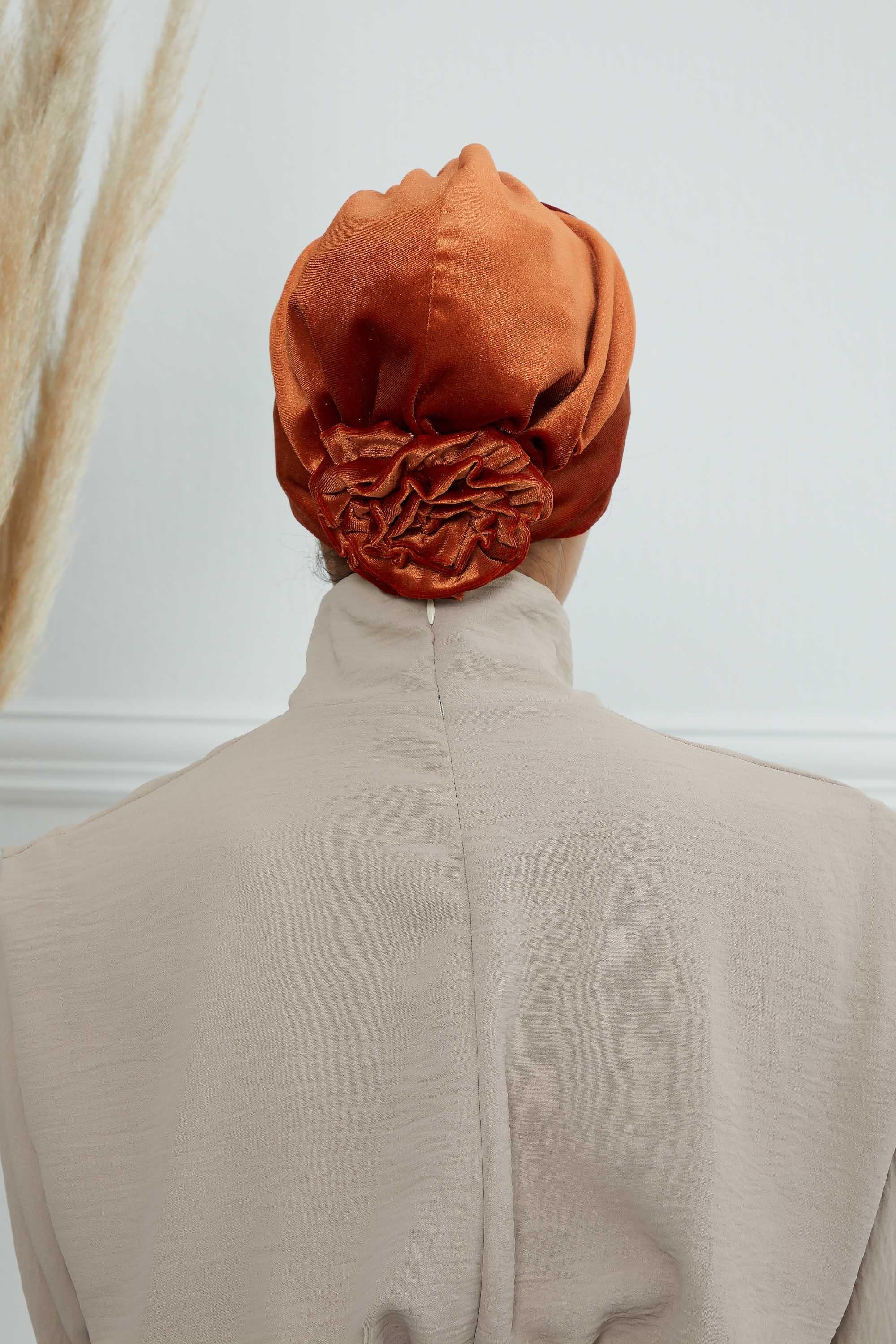 Velvet Pre-Tied Turban Bonnet Cap with Rose Figure at the Back Side, Velvet Instant Turban Bonnet for Winter, Velvet Chemo Headwear,B-53K Tile Red