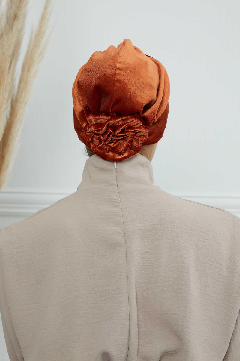 Velvet Elastic Instant Turban Bonnet Cap with Handmade Rose Detail at the Back Side, Soft Plain Color Velvet Pre-Tied Turban Hijab,B-53K Tile Red