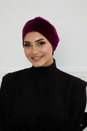Velvet Elastic Instant Turban Bonnet Cap with Handmade Rose Detail at the Back Side, Soft Plain Color Velvet Pre-Tied Turban Hijab,B-53K Purple