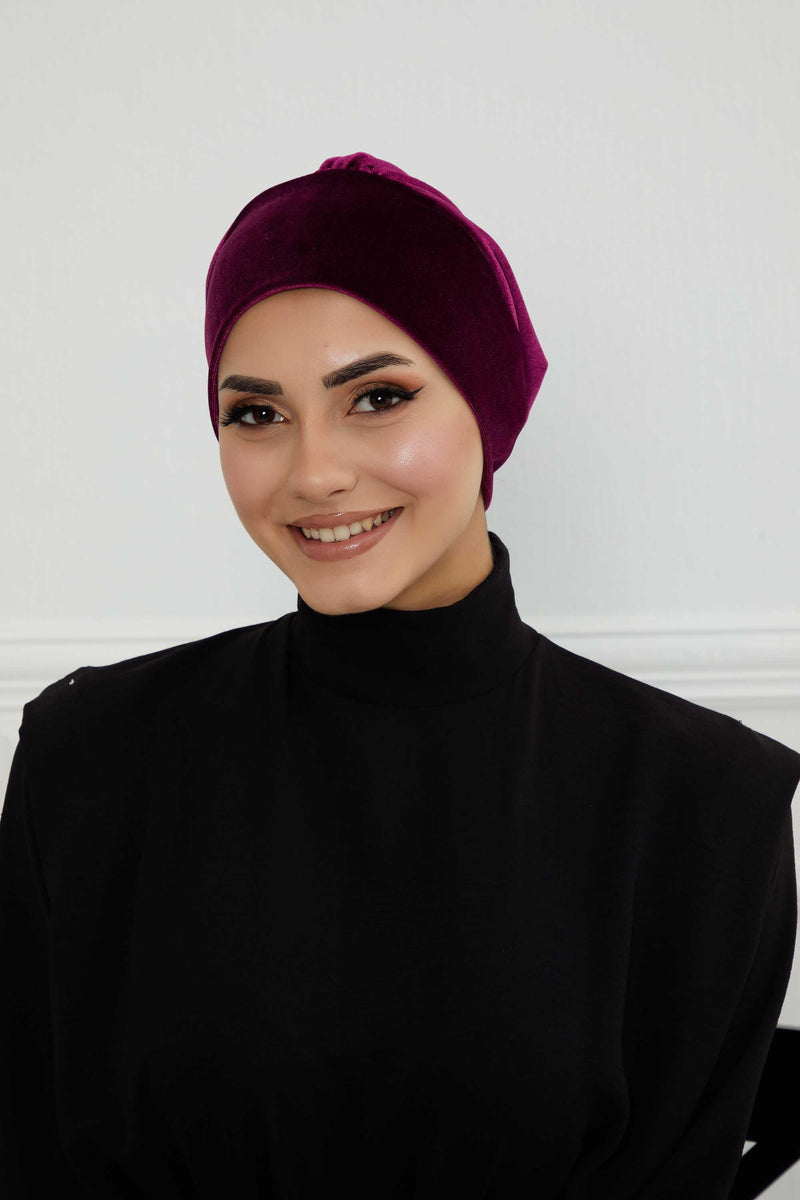 Velvet Elastic Instant Turban Bonnet Cap with Handmade Rose Detail at the Back Side, Soft Plain Color Velvet Pre-Tied Turban Hijab,B-53K Purple