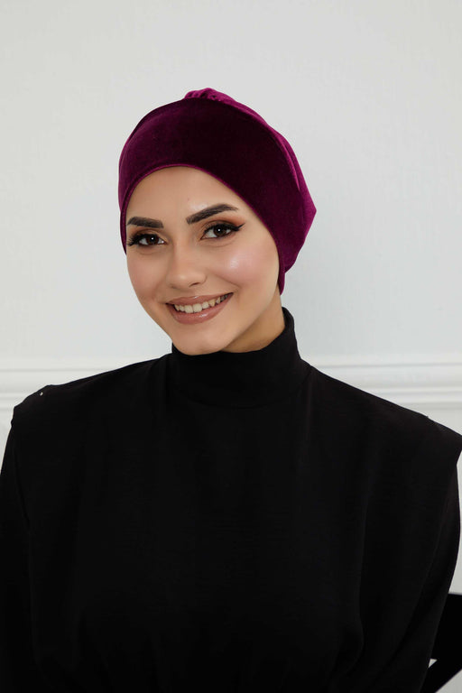 Velvet Elastic Instant Turban Bonnet Cap with Handmade Rose Detail at the Back Side, Soft Plain Color Velvet Pre-Tied Turban Hijab,B-53K Purple