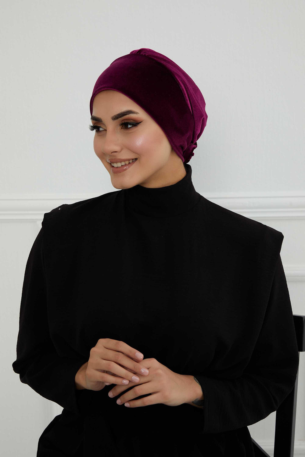 Velvet Pre-Tied Turban Bonnet Cap with Rose Figure at the Back Side, Velvet Instant Turban Bonnet for Winter, Velvet Chemo Headwear,B-53K Purple