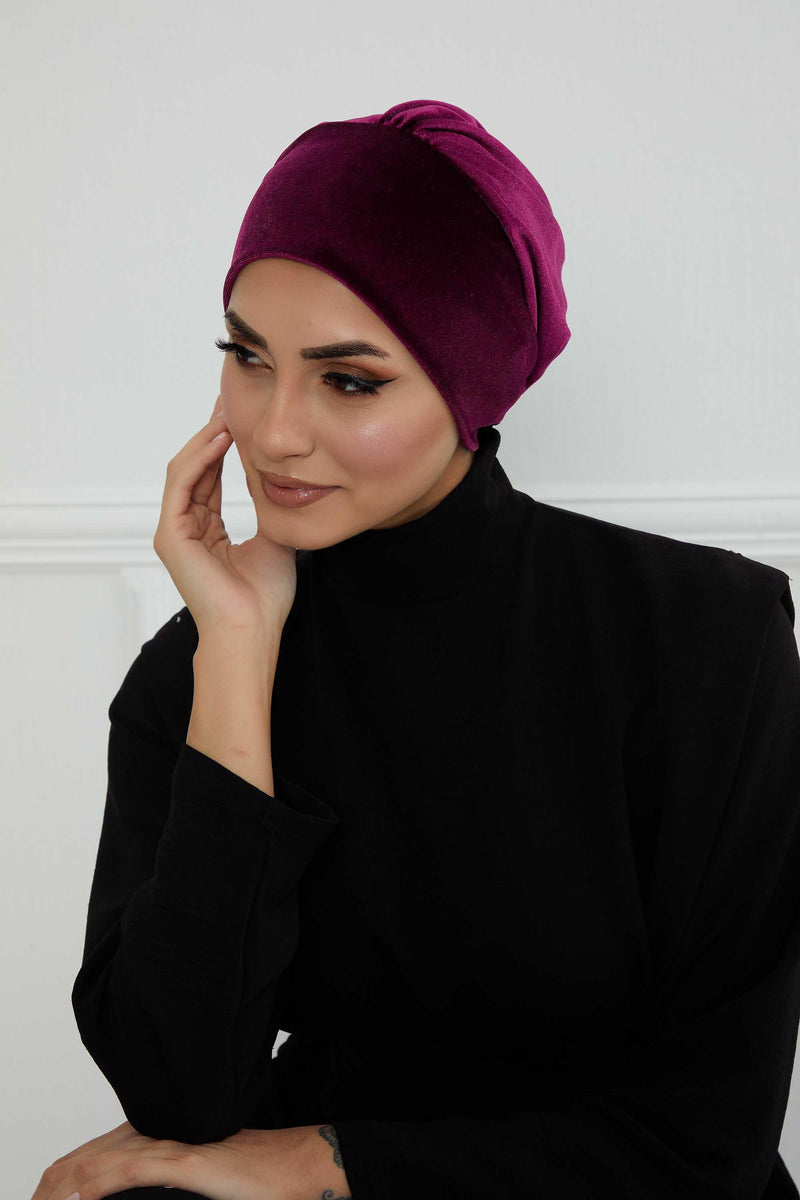 Velvet Elastic Instant Turban Bonnet Cap with Handmade Rose Detail at the Back Side, Soft Plain Color Velvet Pre-Tied Turban Hijab,B-53K Purple