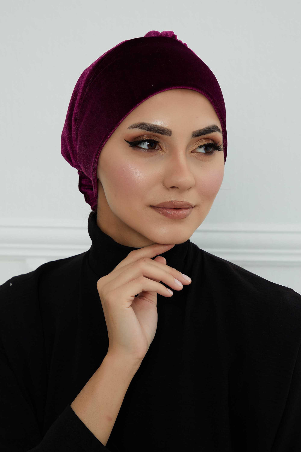 Velvet Pre-Tied Turban Bonnet Cap with Rose Figure at the Back Side, Velvet Instant Turban Bonnet for Winter, Velvet Chemo Headwear,B-53K Purple