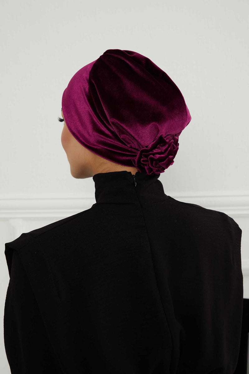 Velvet Elastic Instant Turban Bonnet Cap with Handmade Rose Detail at the Back Side, Soft Plain Color Velvet Pre-Tied Turban Hijab,B-53K Purple