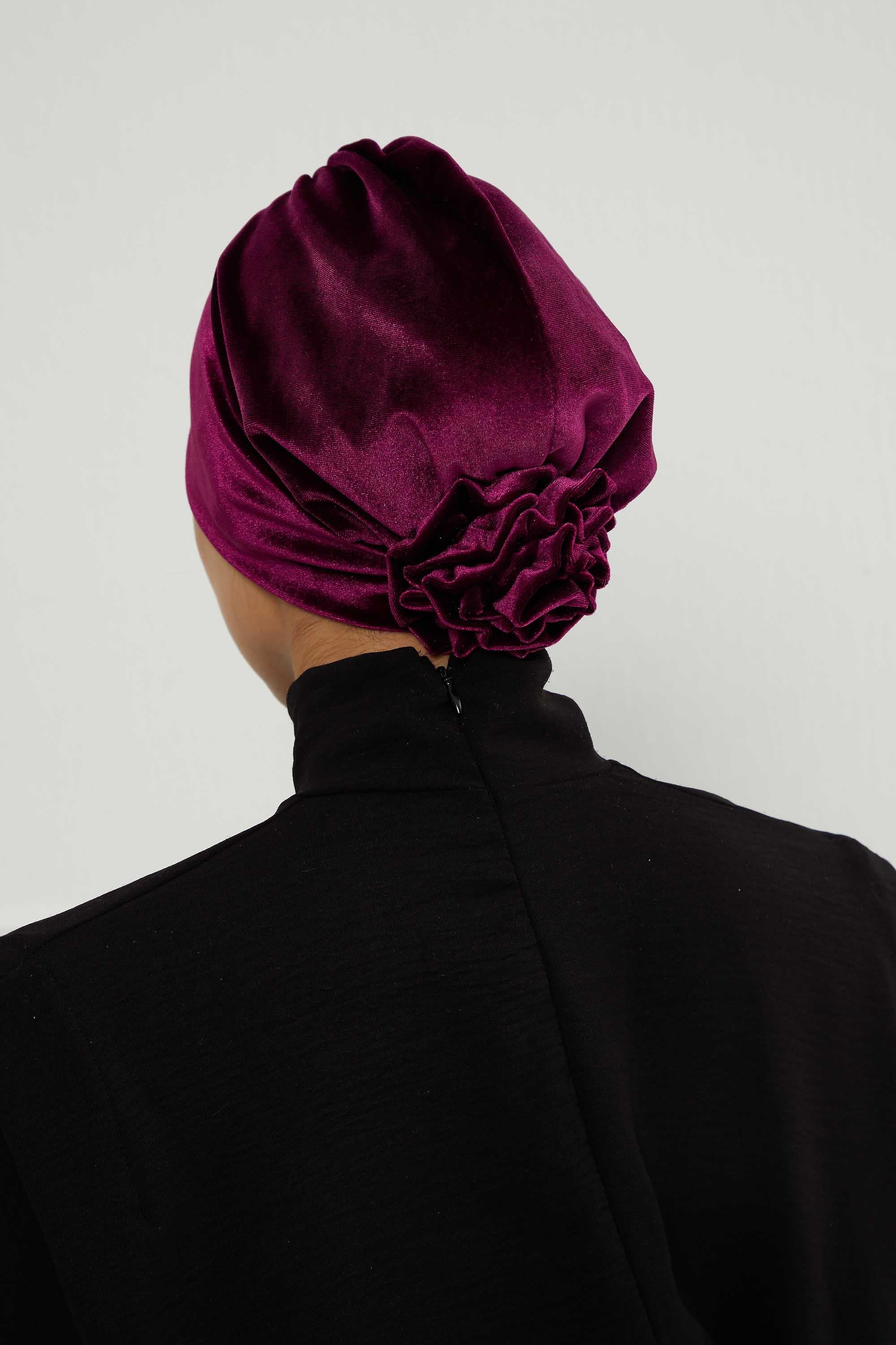 Velvet Pre-Tied Turban Bonnet Cap with Rose Figure at the Back Side, Velvet Instant Turban Bonnet for Winter, Velvet Chemo Headwear,B-53K Purple