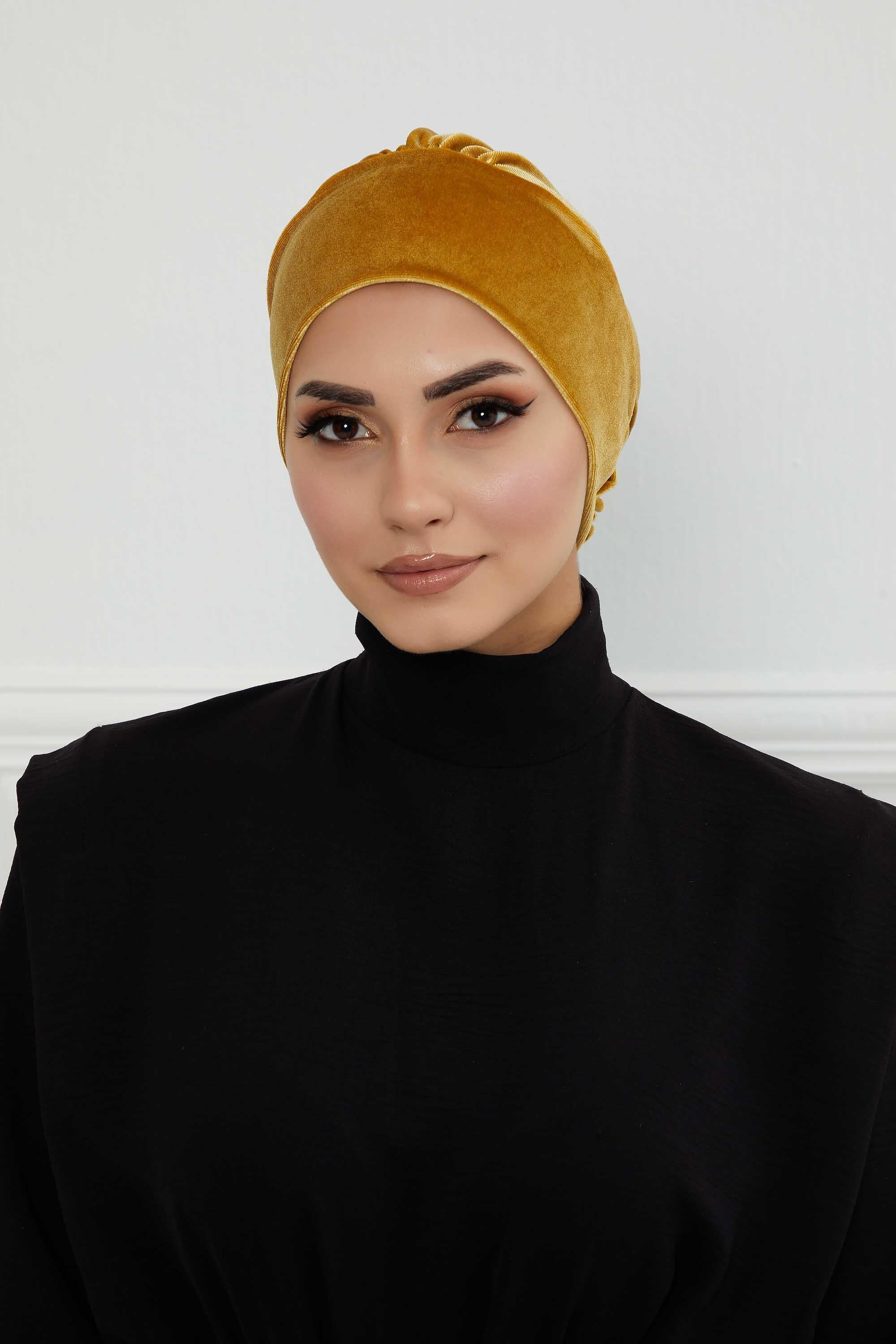 Velvet Pre-Tied Turban Bonnet Cap with Rose Figure at the Back Side, Velvet Instant Turban Bonnet for Winter, Velvet Chemo Headwear,B-53K Mustard Yellow