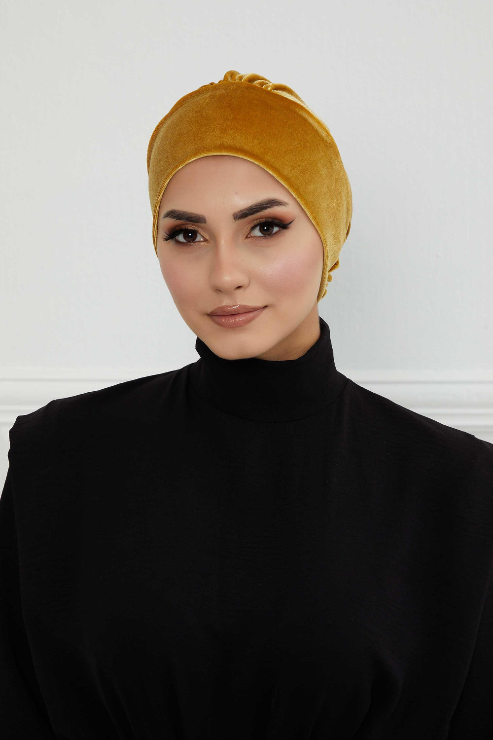 Velvet Pre-Tied Turban Bonnet Cap with Rose Figure at the Back Side, Velvet Instant Turban Bonnet for Winter, Velvet Chemo Headwear,B-53K Mustard Yellow