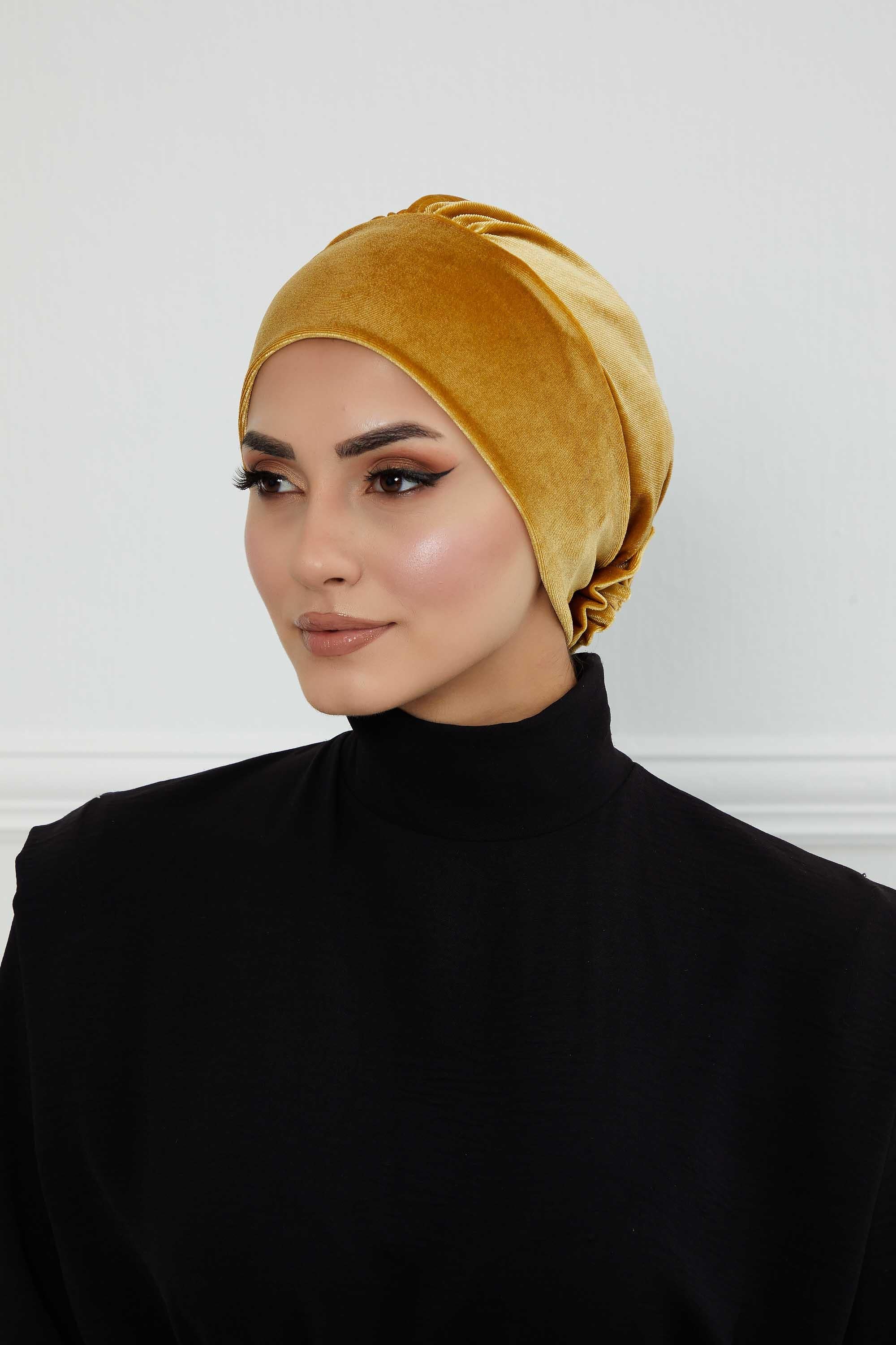 Velvet Pre-Tied Turban Bonnet Cap with Rose Figure at the Back Side, Velvet Instant Turban Bonnet for Winter, Velvet Chemo Headwear,B-53K Mustard Yellow