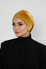 Velvet Pre-Tied Turban Bonnet Cap with Rose Figure at the Back Side, Velvet Instant Turban Bonnet for Winter, Velvet Chemo Headwear,B-53K Mustard Yellow