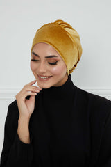 Velvet Pre-Tied Turban Bonnet Cap with Rose Figure at the Back Side, Velvet Instant Turban Bonnet for Winter, Velvet Chemo Headwear,B-53K Mustard Yellow