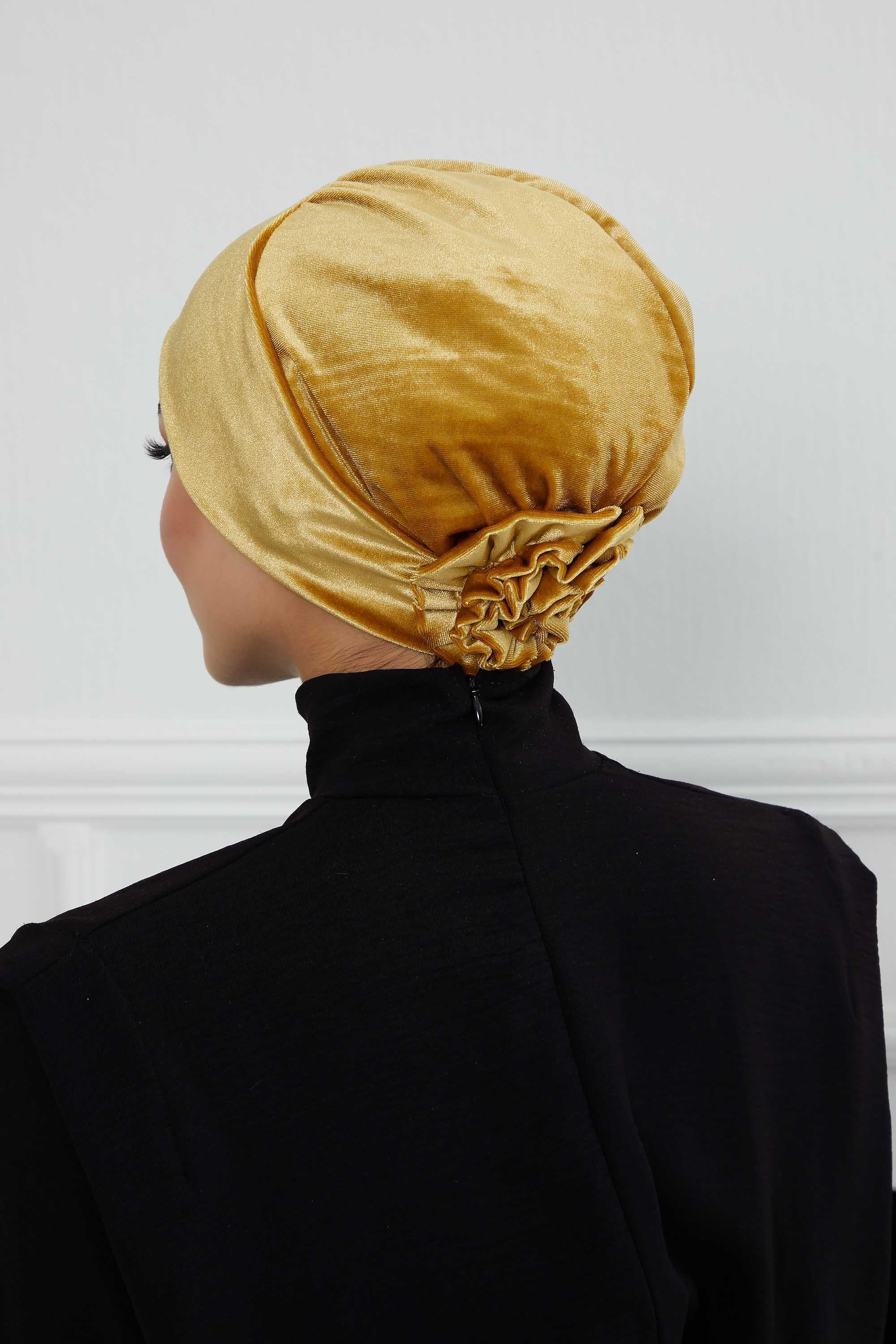 Velvet Pre-Tied Turban Bonnet Cap with Rose Figure at the Back Side, Velvet Instant Turban Bonnet for Winter, Velvet Chemo Headwear,B-53K Mustard Yellow