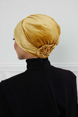 Velvet Pre-Tied Turban Bonnet Cap with Rose Figure at the Back Side, Velvet Instant Turban Bonnet for Winter, Velvet Chemo Headwear,B-53K Mustard Yellow