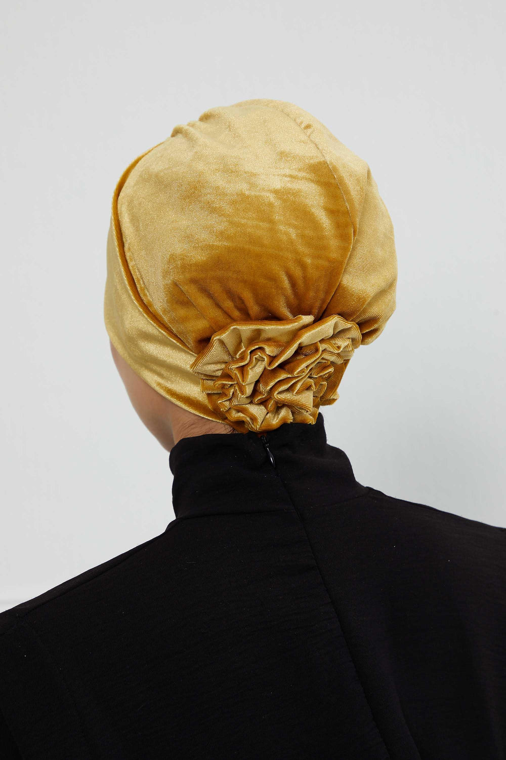Velvet Pre-Tied Turban Bonnet Cap with Rose Figure at the Back Side, Velvet Instant Turban Bonnet for Winter, Velvet Chemo Headwear,B-53K Mustard Yellow